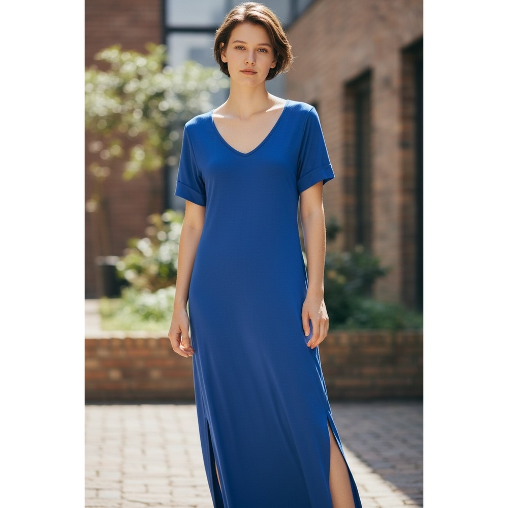 Royal‎ Blue Maxi Dress Medium V-Neck Back Strap Pockets Rayon Spandex Comfy